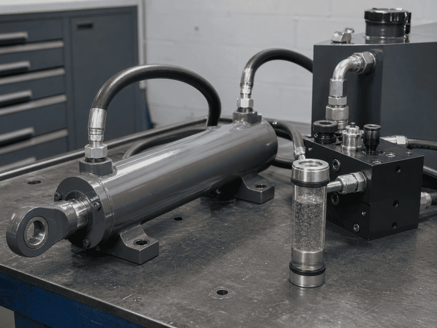 hydraulic cylinder air entry investigation with hoses valve manifold and oil bubbles