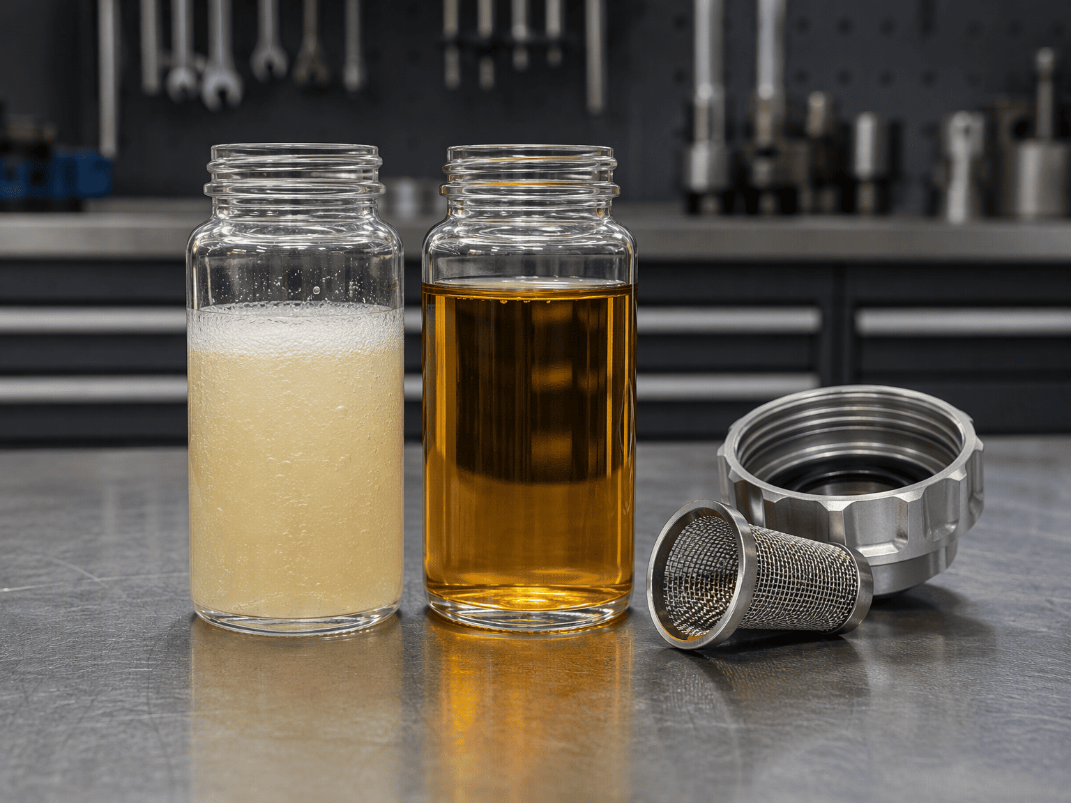 aerated foamy milky hydraulic oil versus clean fluid sample and reservoir breather cap inspection